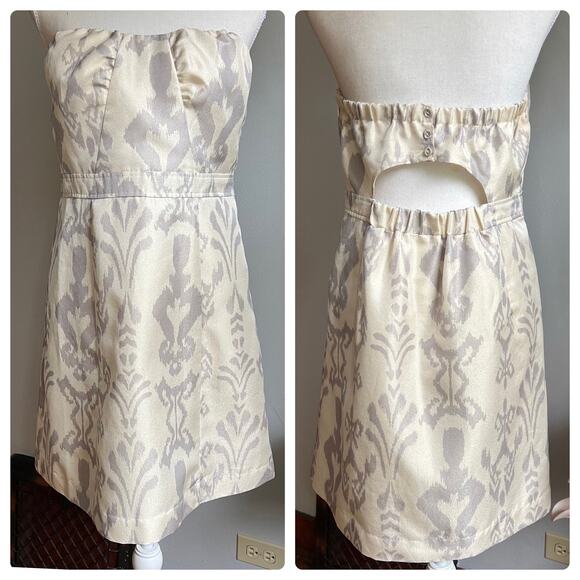 American Eagle Jacquard Strapless Dress Ivory Silver Gold Shimmer Size 12‎ EUC - Picture 1 of 9